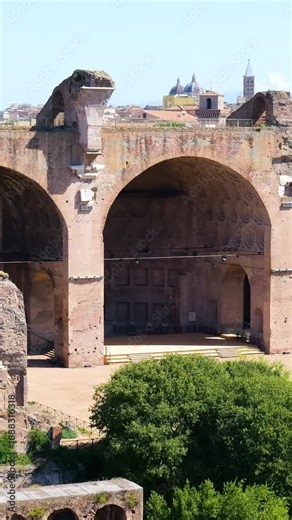 basilica maxentius massive vaulted arches surviving walls towers above roman forum ruins framed by modern rooftops domes rome italy of ancient architecture historic landmark