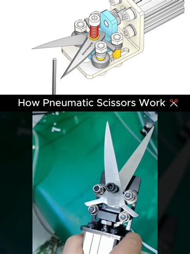 Have You Seen This Kind of Scissors? ✂ | Powered by Air This short video demonstrates a Pneumatic Scissors mechanism commonly used in industrial production lines. The system is designed to cut thin sheet metal, flexible materials, or lightweight fabrics, such as those used in mask manufacturing machines and automated assembly processes. The mechanism consists of two cutting blades mounted on a movable carrier block, which is actuated by a pneumatic cylinder. The moving block is guided by large s