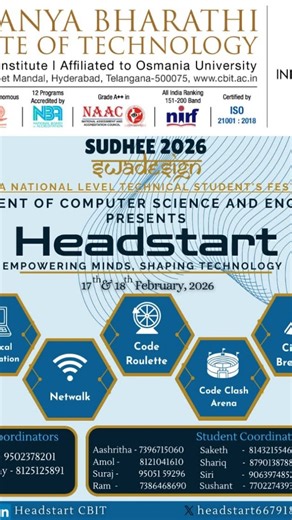 CBIT CSE OFFICIAL | CBIT Presenting HeadStart’26 — the CSE Department’s flagship event at SUDHEE’26, CBIT’s premier technical fest! 🚀 Empowering Minds, Shaping... | Instagram