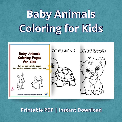 Baby Animals Coloring Pages for Kids | Cute Baby Animals Printable Coloring Book | Preschool & Kindergarten Activity | Instant Download PDF - Etsy