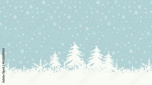 Christmas light blue background with white snowflakes and polka dots with trees in the bottom moving, vector illustration background