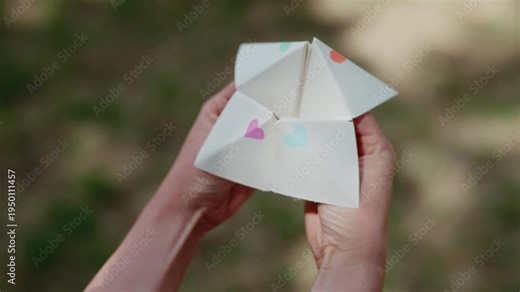 a young woman playing with and operating paper fortune teller aka chatterbox in lush garden