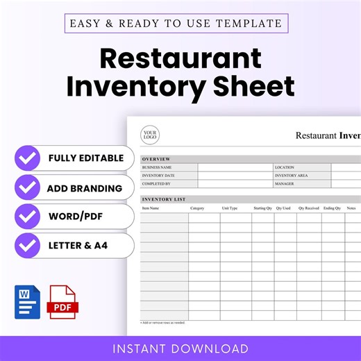Restaurant Inventory Sheet Template – Word & PDF, A4 + US Letter - Etsy