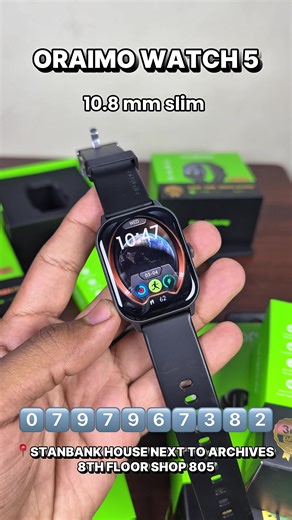 Oraimo Watch 5 2.01 Display Details: Most affordable Oraimo Smartwatch. 10m deep 1Atm water resistivity Features: 2.01 Inch Hd Tft display 10.8mm Slim design Scratch resistant panda glass 7 days usage time Make and receive bluetooth calls Blood O2, heart rate and sleep monitor 105 sport modes 10m deep 1Atm water resistivity Ai generated watch faces Useful utilities#viralkenya #fyp #trending #smartwatch