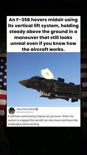 An F-35B hovers midair using its vertical lift system, holding steady above the ground in a maneuver