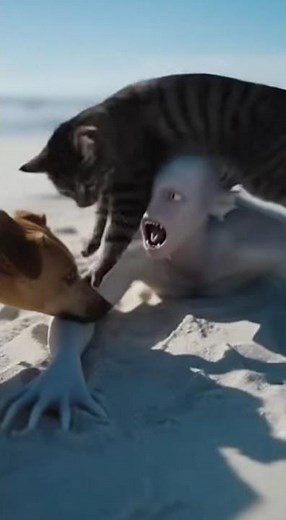 Beach Encounter: Dog and Cat vs. Sand-Colored Mer-Alien