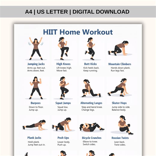 HIIT Home Workout Printable | Full Body No Equipment Cardio Routine | PDF Download - Etsy