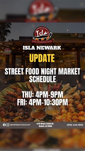 🔥 STREET FOOD NIGHT MARKET AT ISLA NEWARK 🔥 Ka-Islaaaa, tara naaa! 🌮🍢🍜 Cravings? Satisfied. Tambay vibes? Solid. Food trip? NEXT LEVEL! Bring your friends, bring your appetite, and let’s turn the night into a full-on food fest! 🎉🔥 Good eats, good vibes, and that classic Isla energy all night long! SEE YOU AT ISLA NEWARK! 🙌🔥 #islanewark #ihawihaw #filipinofood #eastbayarea #pleasanthill #contracostacounty#food #IslaGrandBarandBanquet #TouristFoodDestination #isla #AbeManyamanKeni #Popula