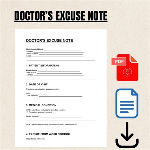 Doctor’s Excuse Note Template Editable DOC and PDF | Medical Sick Note | Work & School Absence Doctor Note Form - Etsy