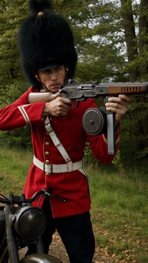 A British Grenadier guardsman aiming a Thompson sub-machine gun, which is mounted on his motorcycle, circa 1940. | Classic Screen