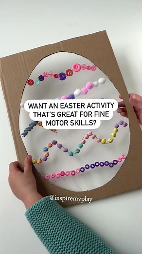 Here’s an Easter activity that’s not only fun but great for fine motor skills. All that manipulation and precision needed to place the objects over the patterns makes it a really great fine motor challenge! . To prepare this activity you need to cut an egg shape out of cardboard and stick a piece of contact paper (sticky-back plastic) on the back with the sticky side facing upwards. . Find a selection of craft resources that they can use to decorate their egg. We also used the chickpeas and past