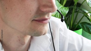 Call center agent talking to a client using headset