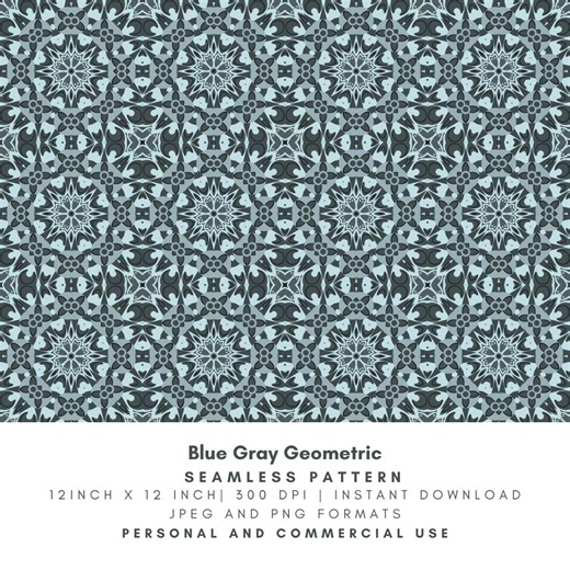 Blue Gray Geometric Seamless Pattern, Ornamental Tile Digital Paper, Kaleidoscope Floral Repeat, Printable Background, Digital Download - Etsy