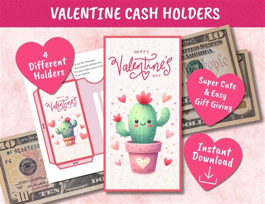 Valentine Cactus Cash Holder Set | DIY Money Envelopes for Easy Gift Giving | (digital Download) - Etsy
