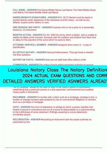 Louisiana Notary Class The Notary Definitions NEWEST 2024 ACTUAL EXAM QUESTIONS AND CORRECT DETAILED