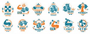 Gym fitness sport emblems and logos vector set isolated with barbells...