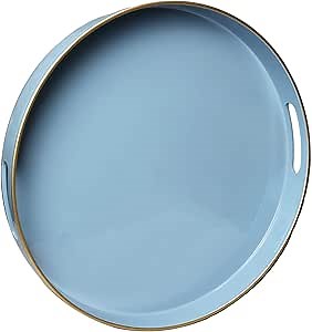 Spsyrine 13 Inch Dusty Blue Round Plastic Serving Tray with Handles
