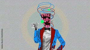 Stop motion, animation. Recording voice message. Communication. Comics style bright suit. Modern design. Inspiration, idea. Trendy urban magazine style. Negative space to insert your text or ad