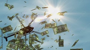 Guyana money Guyanese dollars banknotes helicopter money dropping. 5000 GYD notes abstract 3d concept of inflation, money printing, finance, economy, crisis and quantitative easing.