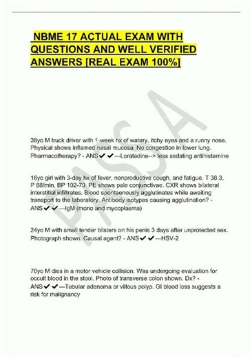 Latest NBME 17 ACTUAL EXAM WITH QUESTIONS AND WELL VERIFIED ANSWERS REAL EXAM 100 video
