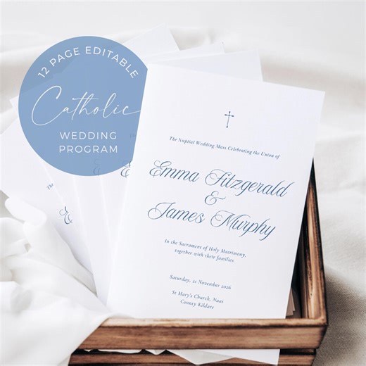 Catholic Wedding Program With Mass Responses, Dusty Blue Church Booklet, Ceremony Template Canva, Printable Order of Service WEDK013 - Etsy