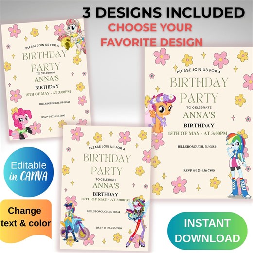 My Little Pony Birthday Invitation | 3 Design Variants Included | Editable Canva Party Template - Etsy