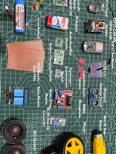 Pakhi Singh on Instagram: "Lets restart robo… Components 1. Microcontrollers / Main Boards • ESP32 Dev Board (Model: ESP32-WROOM-32) - Main controller • ESP32 Super Mini (Model: ESP32-C3) - Auxiliary control • ESP32-CAM Module (Model: AI-Thinker) - Vision and detection • ESP32-CAM-MB - Programming and power board 1. Display & Touch Input • 1.3 inch OLED Display (I2C, 128x64) • Capacitive Touch Sensors (Model: TTP223) - 3 units 1. Sensors • Ultrasonic Distance Sensor (Model: HC-SR04) • 6-axis Gyr