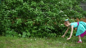 Girl in colored spotted dress doing cartwheel forward and smiling on grass near bushes.