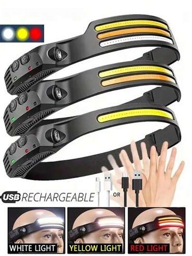 Linterna frontal LED COB de alta sensibilidad, diseño de detección de movimiento sin contacto, foco multiusos, batería recargable, linterna de largo alcance 2 en 1, diadema ligera, adecuada para pesca, camping, ciclismo, reparación y iluminación de emergencia | SHEIN