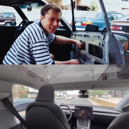 1995: Elon Musk is replacing a broken side window himself with parts from a junkyard because he couldn’t afford repairs. 2026: A Tesla Robotaxi driving fully autonomously on busy roads in Austin with no safety monitor in the car.#elonmuskfan #flypシ #tesla