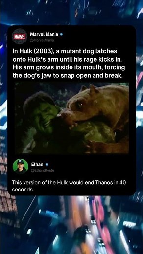 In Hulk (2003), Mutant dog bites Hulk's shoulder