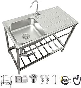 Free Standing Utility Sink Stainless Steel Outdoor Laundry Tub, Single Bowl Washing Hand Basin Station Sink, with Storage Shelves for Camping,Garage,Restaurant,Kitchen,Bar,Garage,Backyard Handwashing