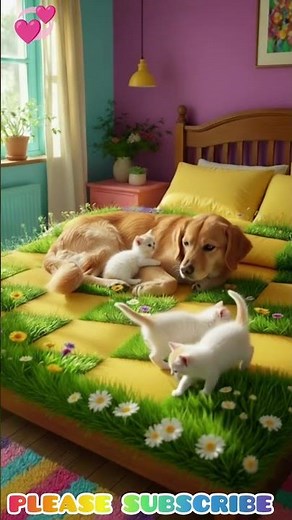 🐶💤 Cozy Dreams: Sleeping Dog with Little Kittens on the Bed 🐱
