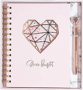 Pink Hardcover Notebook Journal Set with Diamond Pen - Cute Spiral Notebook Dream Journal or Diary for Women and Teen Girls - Perfect Office Notebook - 80 Ruled Notebook Sheets - Decorative Gift Box