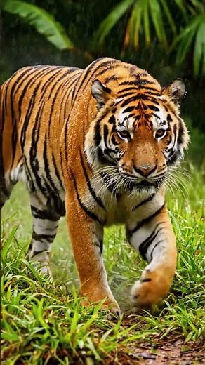 A majestic Bengal tiger walking slowly through tall wet grass its striped fur glistening with rain