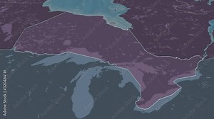 Ontario, province with its capital, zoomed and extruded on the administrative map of Canada in the conformal Stereographic projection. Animation 3D