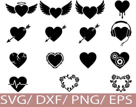 Heart Silhouette SVG Bundle, Winged Broken Gothic Love Heart Clipart - Etsy