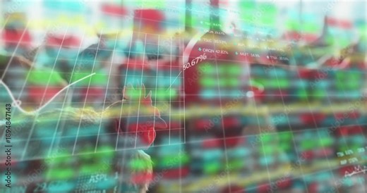 Rooster head floating over grid, merging colorful candlesticks with stock tickers in 3D render