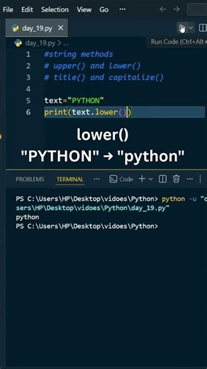 Day 19 – Python String Methods (Part 1) | upper() lower() title() capitalize() #shorts