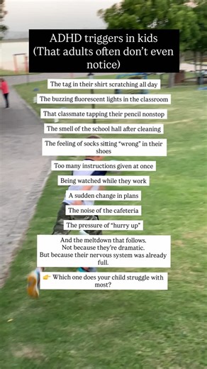 Tarryn Poulton | OT | ADHD Parenting on Instagram: "Some ADHD meltdowns don’t start with “bad behavior.” They start with overload. Kids with ADHD often have a nervous system that: • Notices everything • Filters very little • Fills up quickly • Struggles to reset once overwhelmed So what looks like: “Overreacting” “Being difficult” “Not listening” “Having an attitude” Might actually be: An itchy clothing tag. The buzz of classroom lights. Too many instructions at once. A sudden change in plans. T
