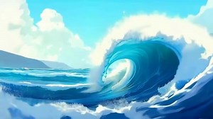Download 2D anime ocean wave animation, highly detailed, blue sky for free