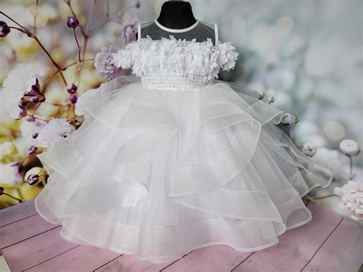 White Tulle Baptism Dress With Floral Detail - Etsy
