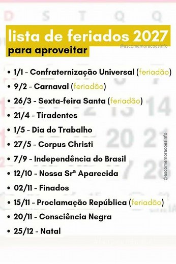 (novo) lista dos feriados 2027