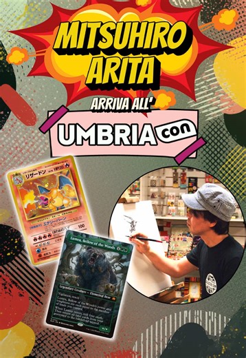Arriva Mitsuhuro Arita all’@UmbriaCon. ‼️ Quest’anno, tra gli ospiti di rilievo, nei giorni di oggi, domani e il 18, Arita sarà pronto a incontrarvi!! 🎭 Arita è famoso per aver illustrato alcune delle carte più amate dai collezionisti Pokémon, come Charizard (nelle edizioni originali), Mewto, e tante altre. Oltre a Pokémon una menzione d’onore per la carta Light-Paws, Emperor’s Voice di Magic: The Gathering. Famoso anche per cover art di Marvel e Dark Horse Comics. 💬 Tu sarai all’Umbriacon? Fa