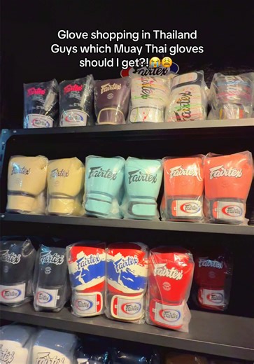 If you know anything about Muay Thai gloves and brands to get in Thailand please help a girl out. I’ve heard some mixed reviews with fairtex but a lot of people have them here in the gyms. Also these colors are so pretty 😍can’t decide!😆 #muaythailife #muaythaigirls #boxinggloves #muaythaigloves #muaythaitips