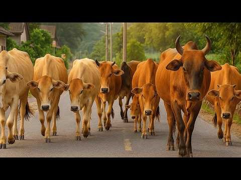 Video hewan ternak sapi berlarian di ladang rumput hijau memanggil kawanan - Bunyi sapi lucu