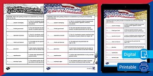 Exploring the Guiding Principles of the Constitution Matching Worksheet for 6th-8th Grade
