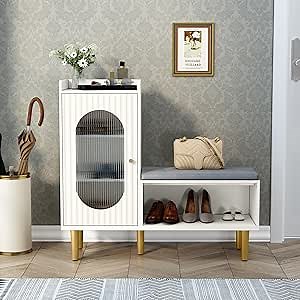 HLR Storage Bench with Glass Door&Shelf, Modern Entryway Shoe Cabinet Bench with Padded Seat, L-Shaped Storage Cabinet for Hallway, Bedroom, Living Room, Office, White