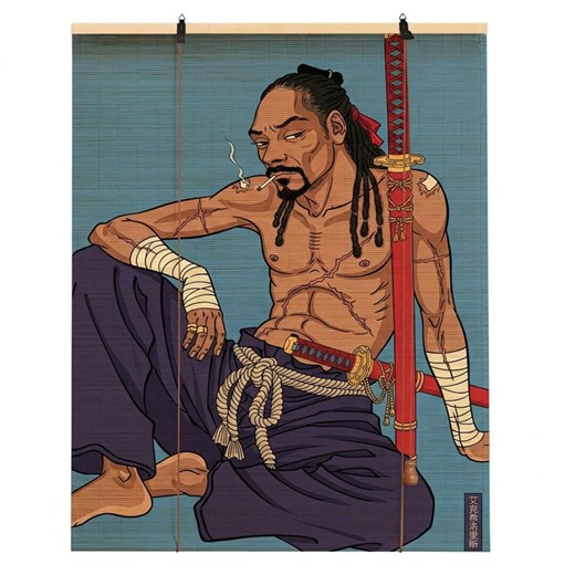 Hip Hop Samurai Bamboo Blind, Urban Warrior Roller Shade, Modern Japanese Printed Bamboo Curtain, Custom Size Decor