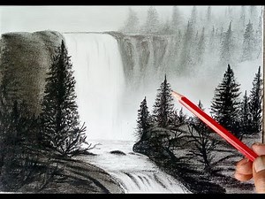 Landscape drawing by pencil, waterfall drawing